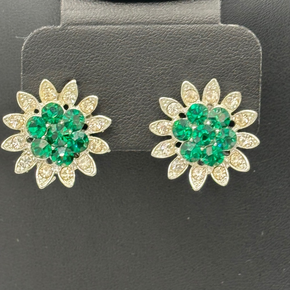 Lisner Clip On Earrings Womens OS Green Silver Tone Rhinestone Floral Sunflower